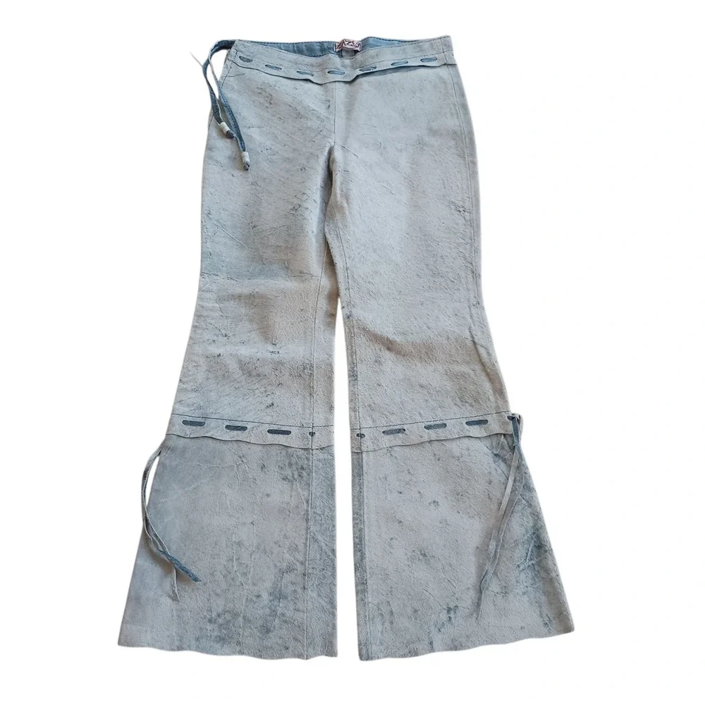Youth Girls Authentic Suede Leather Blue Dyed Western Rodeo Running Stitch Pants